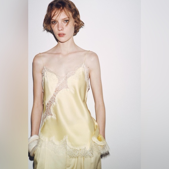 Zara Lace-Trim Satin Cami Top in Pale Butter Yellow - Picture 4 of 8